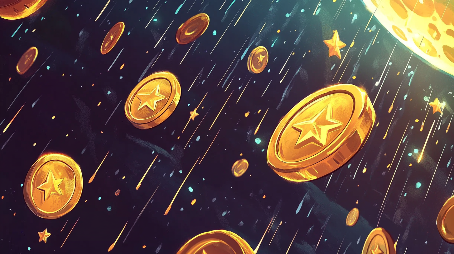 Une pluie de météores de pièces d'or et d'étoiles, symbolisant les récompenses chez LunarSpins Casino.