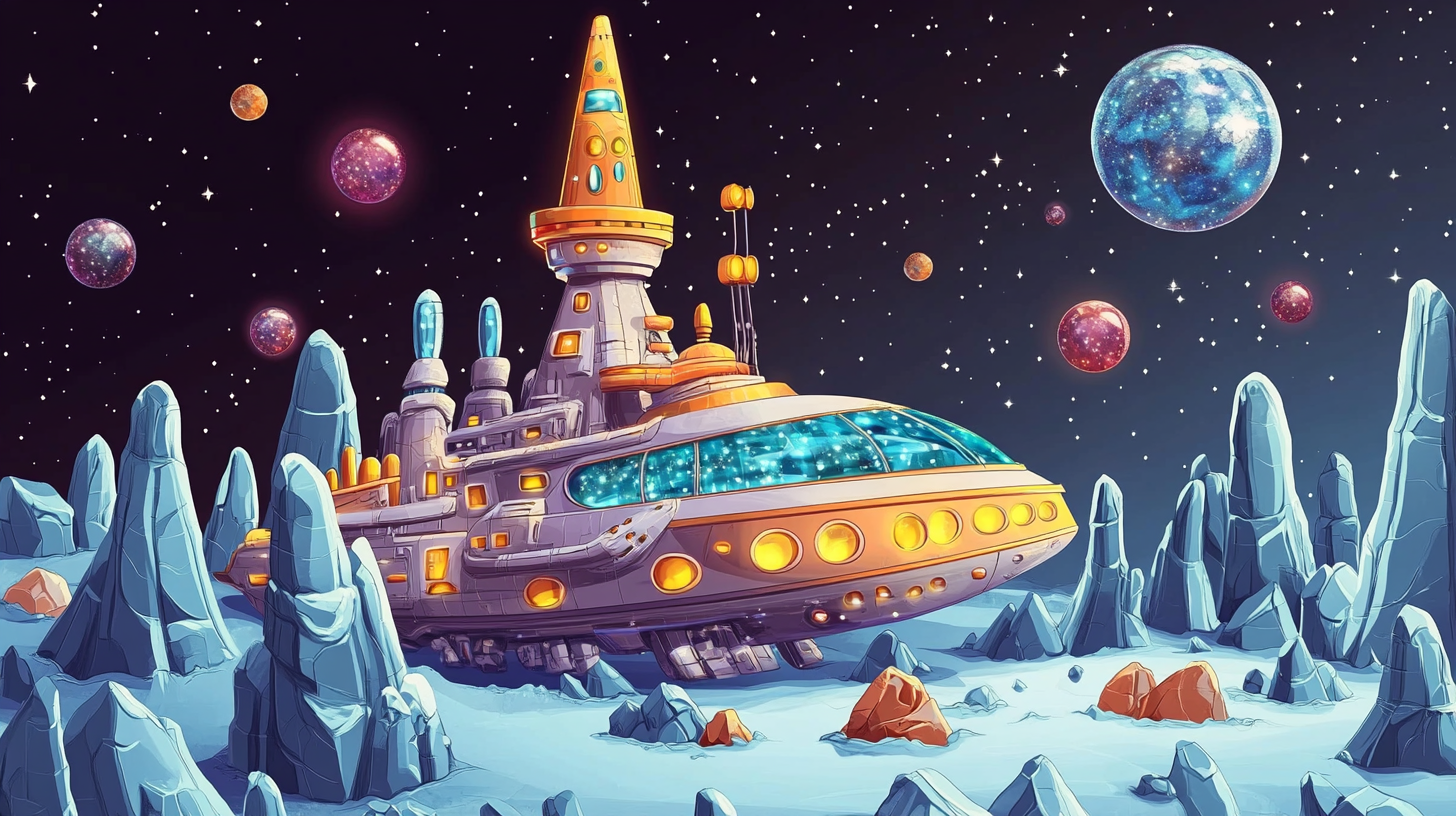 Une navette spatiale reposant sur des roches lunaires et des gemmes cosmiques, représentant le voyage vers de gros gains chez Lunar Spins.