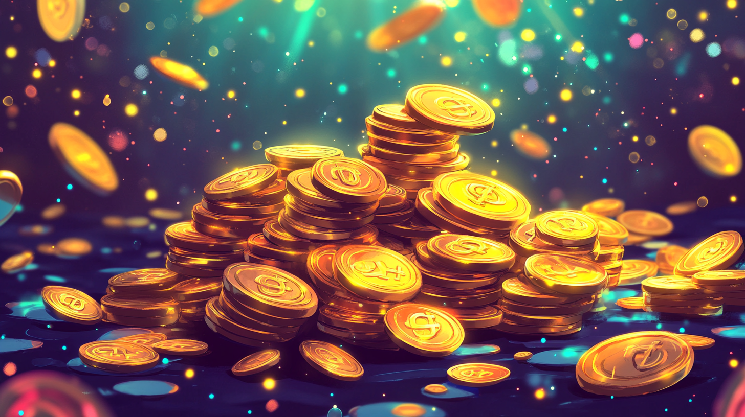 Pile d'argent et de pièces d'or sur une surface éclairée par des lumières cosmiques, symbolisant les gains au casino Lunar Spins.