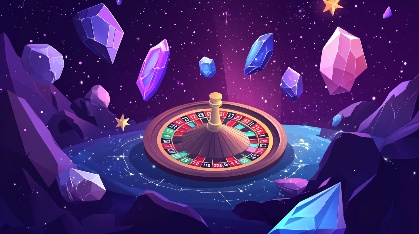 Une roulette cosmique entourée d'étoiles et de roches lunaires, illustrant le frisson des jeux de casino Lunar Spins.