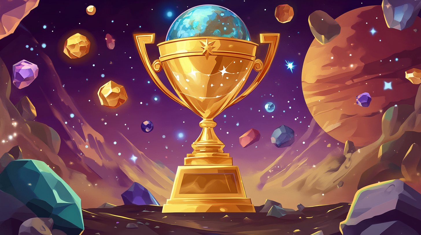Un trophée lunaire doré entouré d'étoiles et de gemmes cosmiques, symbolisant les grandes victoires aux jeux de casino Lunar Spins.
